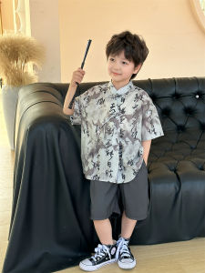 ชุดผ้าไหมจีนฤดูร้อนสำหรับเด็กชาย ชุดการแสดงวันหยุด ชุดสองชิ้น แขนสั้น ดีไซน์ใหม่ สไตล์จีน วัสดุผ้าฝ้ายแท้