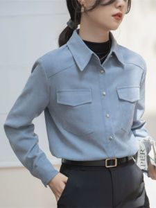 เสื้อเชิ้ตผู้หญิงแขนยาวสีน้ำเงิน ทรงหลวม ทรงย้อนยุค ขนาดเล็ก เสื้อชั้นใน ชั้นใน ชุดทำงาน เสื้อคลุมกันหนาว