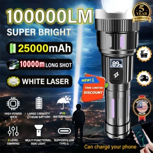 Flashlight 100000 Lumens Super Bright Powerful LED Torch Light Type-C Rechargeable Waterproof Zoomable Outdoor Lampu Suluh