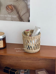Handwoven Grass Multi-Functional Makeup Brush Storage Cylinder Glass Stationery Pen Holder round Column Handmade Woven Bucket