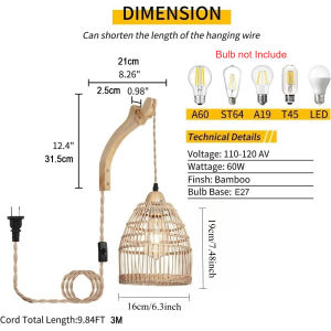 JOYINLED 3M Cord Hand Woven Wall Light Farmhouse Light E27 Rattan Plug in Wall Sconces Wicker Wall Lamp for Living Room Bedroom