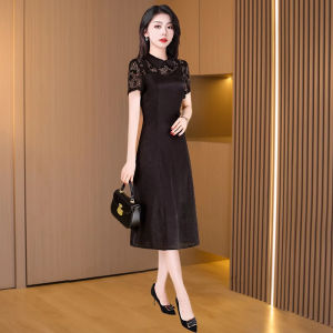 MAIMEI | Elegant Black Improved Cheongsam Dress Formal Occasion High Waist A-Line Skirt Short Sleeve High Quality Polyester Fiber