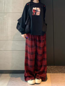 กางเกงขายาวทรงตรงเอวสูงผ้าขนแกะหนาสำหรับฤดูใบไม้ร่วงและฤดูหนาวสำหรับผู้หญิง กางเกงขายาวลายสก็อตสีแดง ทรงหลวม สไตล์ลำลอง