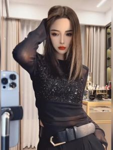 Pure Desire Lace Long Sleeve T-Shirt Womens New 2024 Lightweight Sparkling Sequin Splice Slimming Base Layer Top
