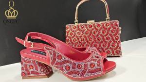 QSGFC 2026 Rhinestone Design INS Hot Sale New Arrivals African Shoes and Bag Set in Green Color Open Toe Comfortable Women Heels