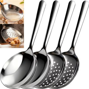 Stainless Steel Heat Insulated Handle Spoons / Large Rice Serving Spoon / Food Grade Dining Spoon with Drain Hole / Cooking Food Strainer Spoons