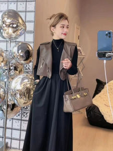 Retro Korean Zipper Leather Vest Striped Shirt Womens Two-Piece Set Fashionable Design Autumn New Arrival Elegant Ladywear