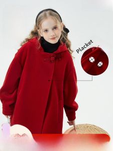 Red Woolen Coat for Girls with Button Design Thick Winter Jacket Childrens Outerwear Traditional Chinese Style Kids Clothes