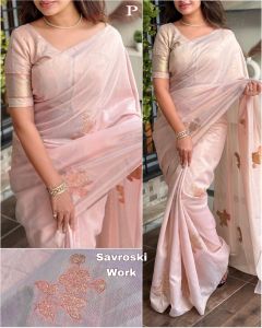 Pastel Colours Organza Silk Saree with Jacquard & swaroski work with organza silk Blouse Piece Sarees for Women