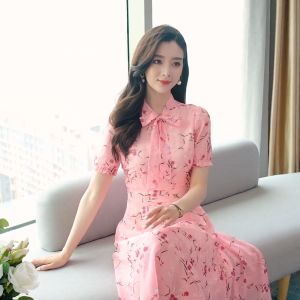 FRAN Summer Short Sleeved Floral Dress Women Bow A-line Dress Korean Medium Length Dress