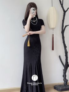 Black Elastic Tailored Fish-Tail Cheongsam Dress