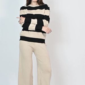 QUEENTIN One-Set 806 Setelan Wanita Rajut Knit Striped Stretch Premium Lengan Panjang
