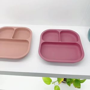 Baby Silicone Suction Feeding Plate Square Dinner Plate 3 Grids Food Compartment Tableware
