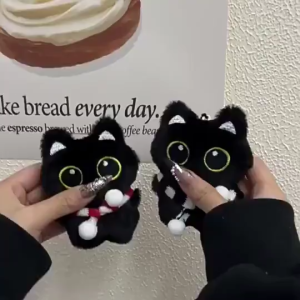 Cute Eyes Black Cat Plush Keychain Doll Toy Backpack Pendant Gift for Couples Friends Birthday