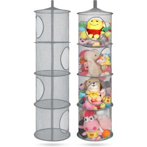 Foldable Plush Animal Storage Net 4 Compartments Hanging Mesh Toy Storage Hammock for Kids Room Toys Gloves Hats Socks