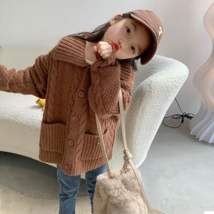 Retro Style Pocketed Girls Cardigan