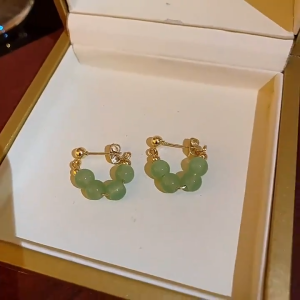 Korean Fashion Green Crystal Jade Elegant Earrings  Elegant Green Bead Hoop Earrings With Gold Accents. Suitable For Casual Or Formal Wear. Ideal For Everyday Use Or Special Occasions.
