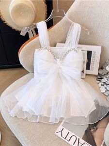 White Heavy Embellished Rhinestone Strap Vest Women Summer Style Bowtie Chiffon Doll Shirt Sleeveless Skirt Hem Top