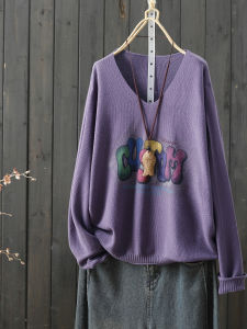 Spring Autumn Thin Pure Color Printed Cotton Knitted Sweater V-neck Loose Womens Top Base Shirt Inner Wear Korean Style