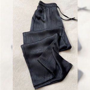 PAIBOLI | Acetate Satin Drawstring Waist Wide Leg Casual Pants Women Summer New Style Elastic Waist Black Colorful Plus Size Straight Fit