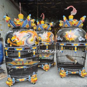 SANGKAR BURUNG MAHKOTA PIBER KANDANG PERKUTUT LUKIS MOTIF NAGA ELEGAN FULL AKSESORIS