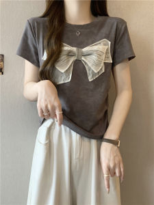 Butterfly Knot Short Sleeve T-Shirt Womens plus Size Conceal Meat Slimming Top Arched Versatile Hide Flaws Summer Cotton round Neck