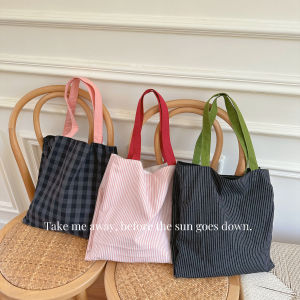 Womens Plaid Canvas Shoulder Bag 2025 New Style Handheld Shopping Bag Versatile Cotton Cloth Handbag Retro Foldable Commuter
