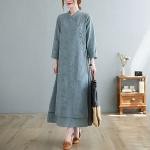 Retro National Style Twill Jacquard Improved Cheongsam Dress Loose Pure Color Stand-up Collar Tie Slim Looking Chinese Long Skirt