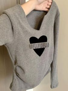 Áo Thun Tay Dài Màu Xám Cổ Chữ V Lót Lông Cừu Ngắn Mùa Thu Đông Ấm Áp Cổ Điển Thường Ngày in Họa Tiết Thời Trang