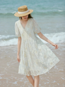 XIANGYING | V-Neck Embroidery Loose A-Line Puff Sleeve Dress