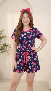 BLOUSE SHORT COORDINATES RIBON TIE PRINT TERNO SHORT FIT MEDIUM UP TO XL