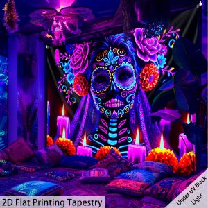 VIKAMA Tapestry Day of the Dead Skull Art Pattern Colorful Neon Decor Bohemian Style Living Room Feature Wall Room Decor