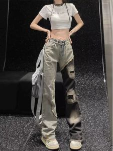 Cao Vòng Eo Chân Thẳng Cổ Điển Phong Cách Đường Phố Quần Jean Phụ Nữ Mùa Hè Chắp Vá Mặc Rách Ống Rộng Dài Quần Tây Thon Gọn Hiệu Ứng