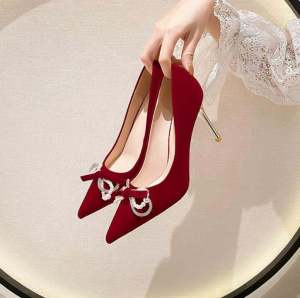 Red Wedding Dress Shoes Two-Way Wear French High Heels Womens Butterfly Single Shoes Engagement Shoes Elegant Velvet PU Material