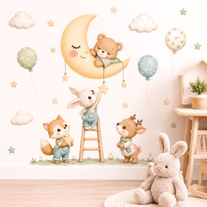Forest Animal Wall Stickers Removable Watercolor Star Cloud Balloon Decorations for Childrens Rooms Baby Shower Gifts Decal