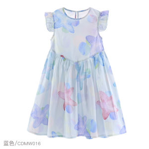 Girls Cotton Dress Summer Loose Printed Childrens Skirt Fresh Style Star Pattern Flying Sleeve Casual Dress for Kids