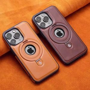 Folding Metal Ring Stand Leather Magnetic Case for Magsafe IPhone 17 Air 16 15 14 13 Pro Max Plus 17Pro Mag Safe Holder Cover