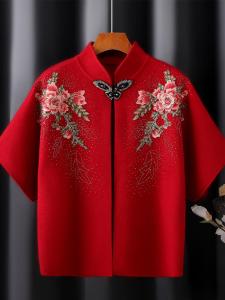 Chinese Ethnic Style Knitted Woolen Sweater with Embroidered Flowers Mid-Sleeve Open Cardigan for Mom Wedding Guest Red Outerwear