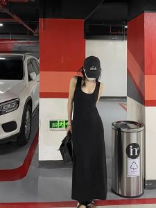 Lazy Elegant Black U Collar Camisole Long Dress Female Spring and Summer Leisure Slimming A- line Skirt Fall and Winter Inner Wear Bottoming Skirt