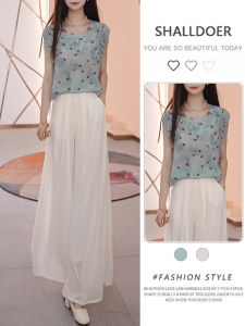 Shalldoer | Bộ đồ hai mảnh thời trang mùa hè mới cho nữ áo sơ mi không tay quần ống rộng váy bộ đồ thanh lịch áo chui đầu cổ tròn