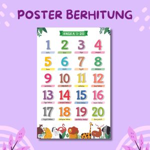 Poster Edukasi Anak - Poster Angka 1-20 - Poster Berhitung 1-20 - Poster Belajar Angka - TK SD SMP SMA | Poster Al-Mugniy | Bilingual / 2 Bahasa