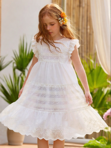 PPTOWN | Childrens Lace White Summer Dress Flying Sleeve Princess Style