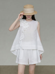 GULILI | White Layered Ruffle Hem Linen Sleeveless Top Shorts Set
