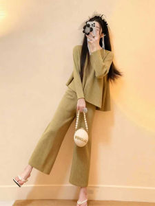 Unique Fashionable Knitted Two-Piece Set Soft Cozy Top And Pants Autumn Wear High Waist Long Sleeve round Neck Casual Style