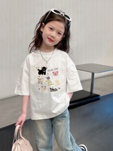Cotton Childrens T-shirt White Short Sleeve Cartoon Print Girls Summer Top Breathable Loose Fit round Neck Pure Cotton Tee