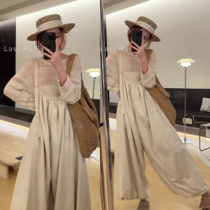 XUECAIQI | Korean Style Lace Hollow Knit Top Dungarees Set