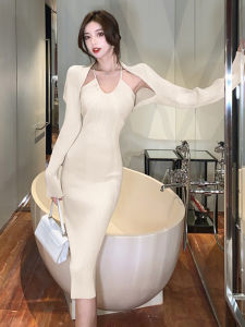 Váy Dệt Kim Gợi Cảm Hai Mảnh Cho Nữ Váy Dài Cạp Cao Cổ Chữ V Tay Dài Mùa Thu Màu Trơn Váy Công Sở Váy Dài