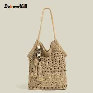 Túi Tote Đan Rỗng Phong Cách Dân Tộc Cho Nữ Dung Tích Lớn Đi Biển Mùa Thu Đông Túi Tote Đeo Vai Mềm Có Khóa Kéo