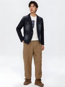 Washed Deep Blue Denim Open Cardigan Jacket for Men Autumn Winter Large Size Single Button Retro Style Cotton Polyester Blend