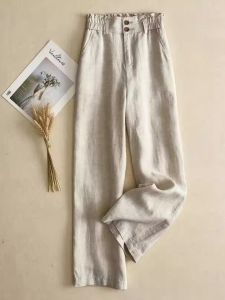 High Waist Wide Leg Pants Womens Cotton Linen Straight Cut Bloom Waist Simple but Not Simple Summer Fashion Ladies Pants